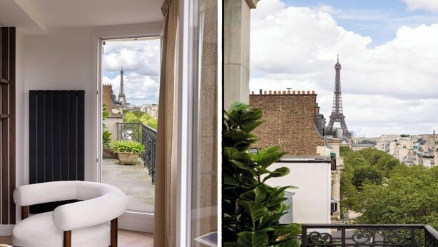 Un balcón con vista a la Torre Eiffel, una silla blanca y una planta en maceta.