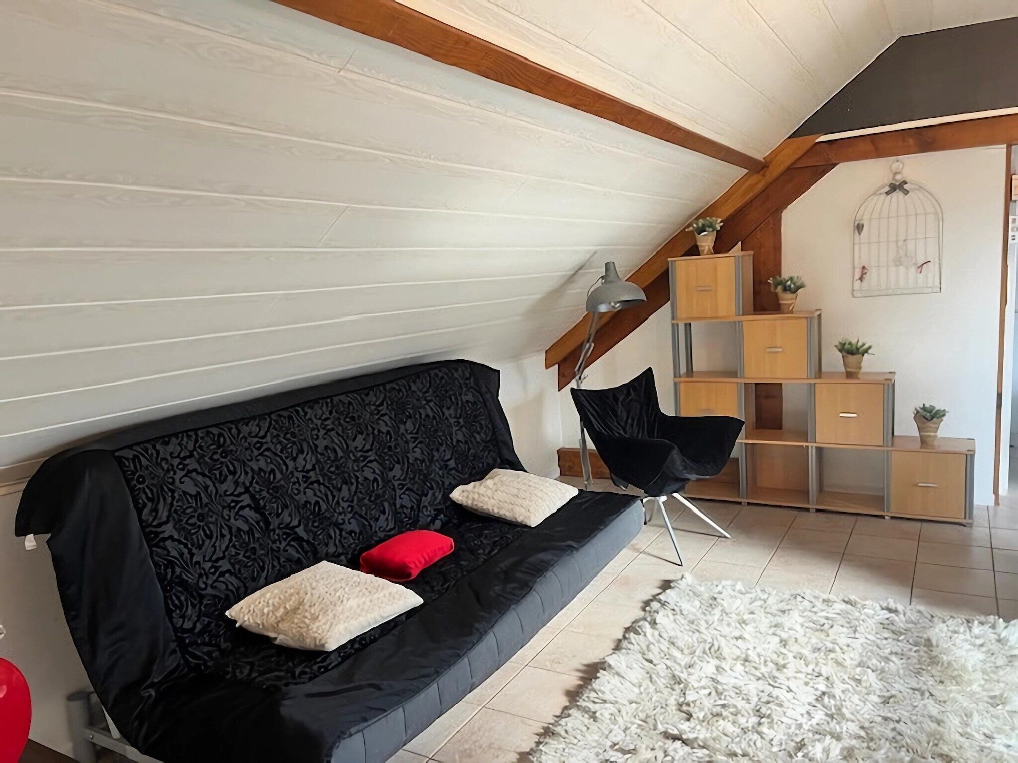 A modern living room with a black sofa, a red cushion, and a white shag rug.