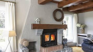 Télévision, cheminée, lecteur de DVD, baby-foot