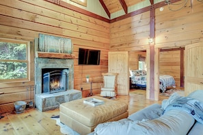 TV connectée, cheminée, livres