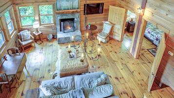 Smart TV, fireplace, books