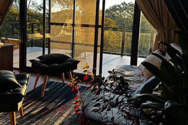 Deluxe chalet, uitzicht op vallei, uitzicht op gebergte | Woonruimte | Een 50-inch smart-tv met digitale zenders, een open haard en Netflix