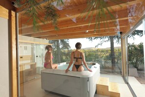 A modern spa area with a hot tub and glass walls offering a view of the outdoors. - Quarto di Monte Suite & Spa (Andria)