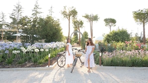 A garden with a variety of flowers and trees, a bicycle, and a pergola. - Quarto di Monte Suite & Spa (Andria)