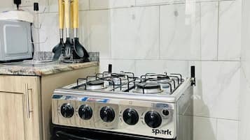 Fridge, microwave, oven, electric kettle
