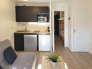 Un espacio habitable compacto con kitchenette, un sofá, una mesita con una planta y una puerta que da a otra habitación.