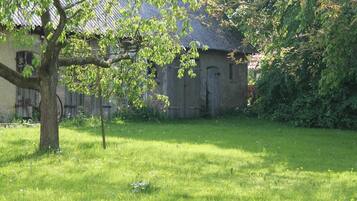 Ein grasbewachsenes Gelände mit einem Baum und einem rustikalen Gebäude mit Wellblechdach.