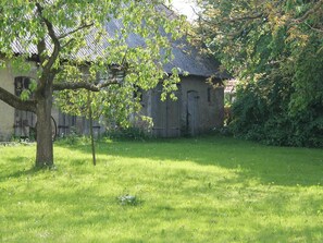 A grassy area with a tree and a rustic building with a corrugated metal roof. - Charmante Wohnung mit Terrasse in Steffenshagen (Steffenshagen)