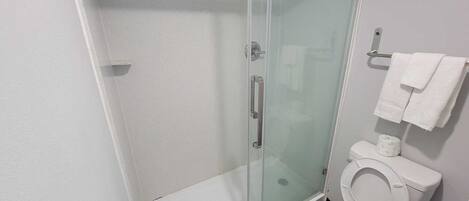 A modern bathroom with a glass-enclosed shower, a toilet, and a towel rack.