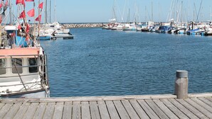 A marina with multiple boats docked, a wooden pier, and a clear sky.