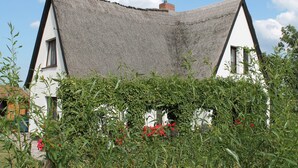 A traditional house with a steeply pitched roof, surrounded by lush greenery and flowering plants. - Ferienwohnung in Pepelow nahe der Ostsee (Pepelow)
