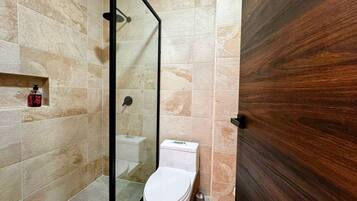 Shower, hair dryer, towels, soap