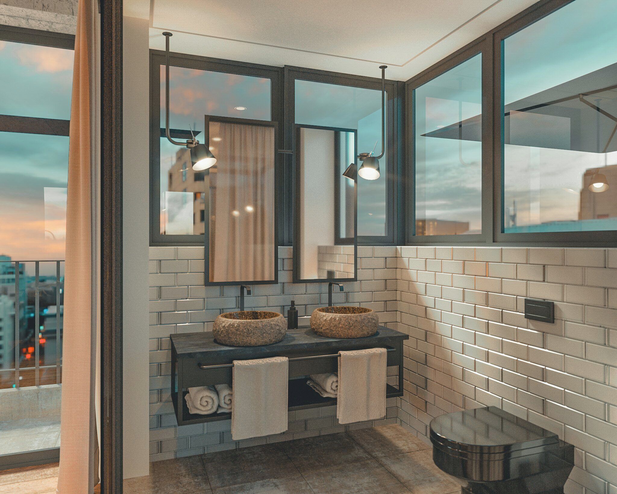 Un baño moderno con un ventanal grande, un tocador negro, dos lavamanos de piedra y un espejo redondo.