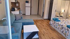 Un espace de vie compact comprenant un canapé, une petite table, un lit avec une couette à motifs, une kitchenette et une armoire.