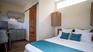A bedroom with a bed, a desk, and a kitchenette. - Aparthotel Madeleine (Antananarivo)