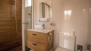 A modern bathroom with a wooden vanity, a glass shower enclosure, and a toilet with a paper towel dispenser. - Aparthotel Madeleine (Antananarivo)