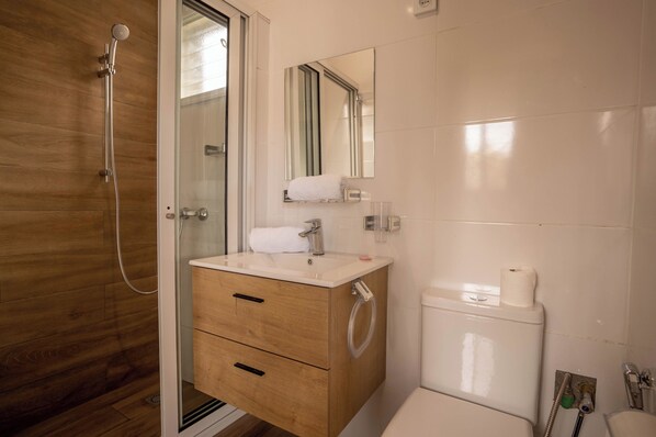 A modern bathroom with a wooden vanity, a glass shower enclosure, and a toilet with a paper towel dispenser. - Aparthotel Madeleine (Antananarivo)