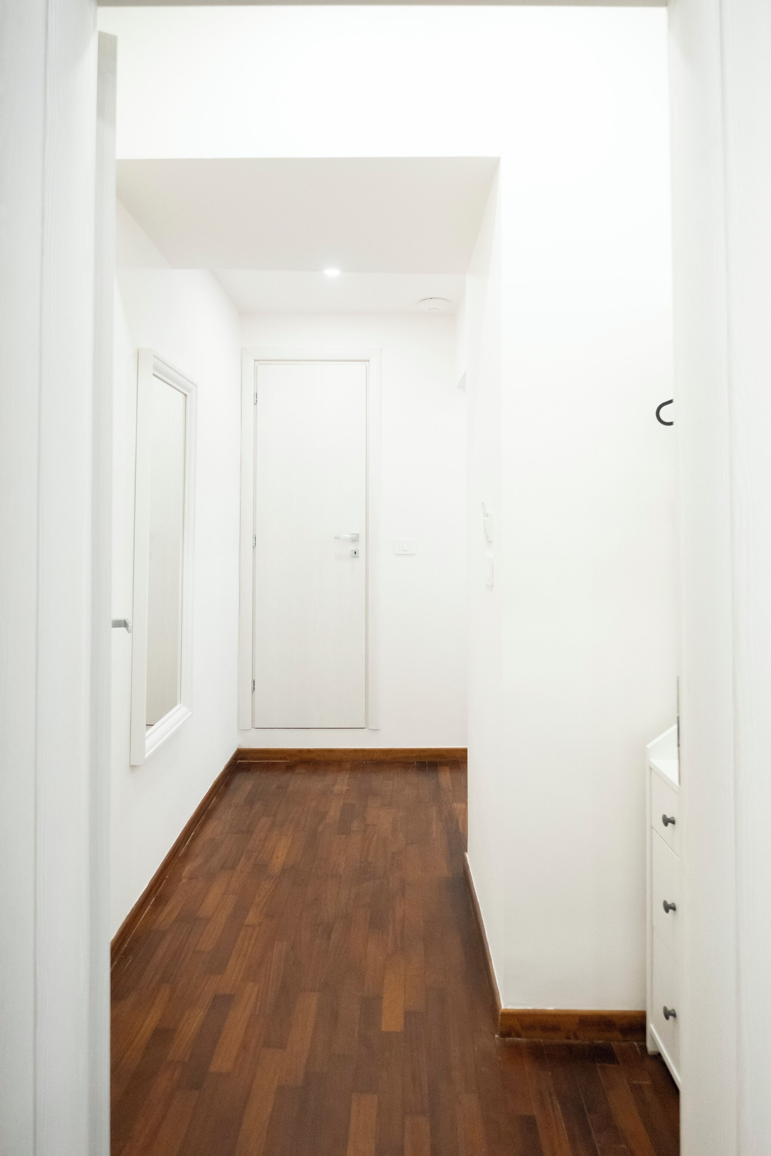 Un pasillo estrecho con suelo de madera, paredes blancas y una puerta cerrada al final.