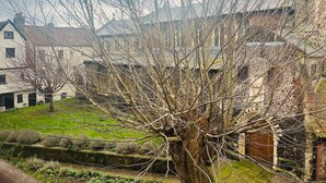 A tree in front of a building with a stone wall and a grassy area. - Tranquil, pet friendly apartment In Norwich city centre (Norwich)