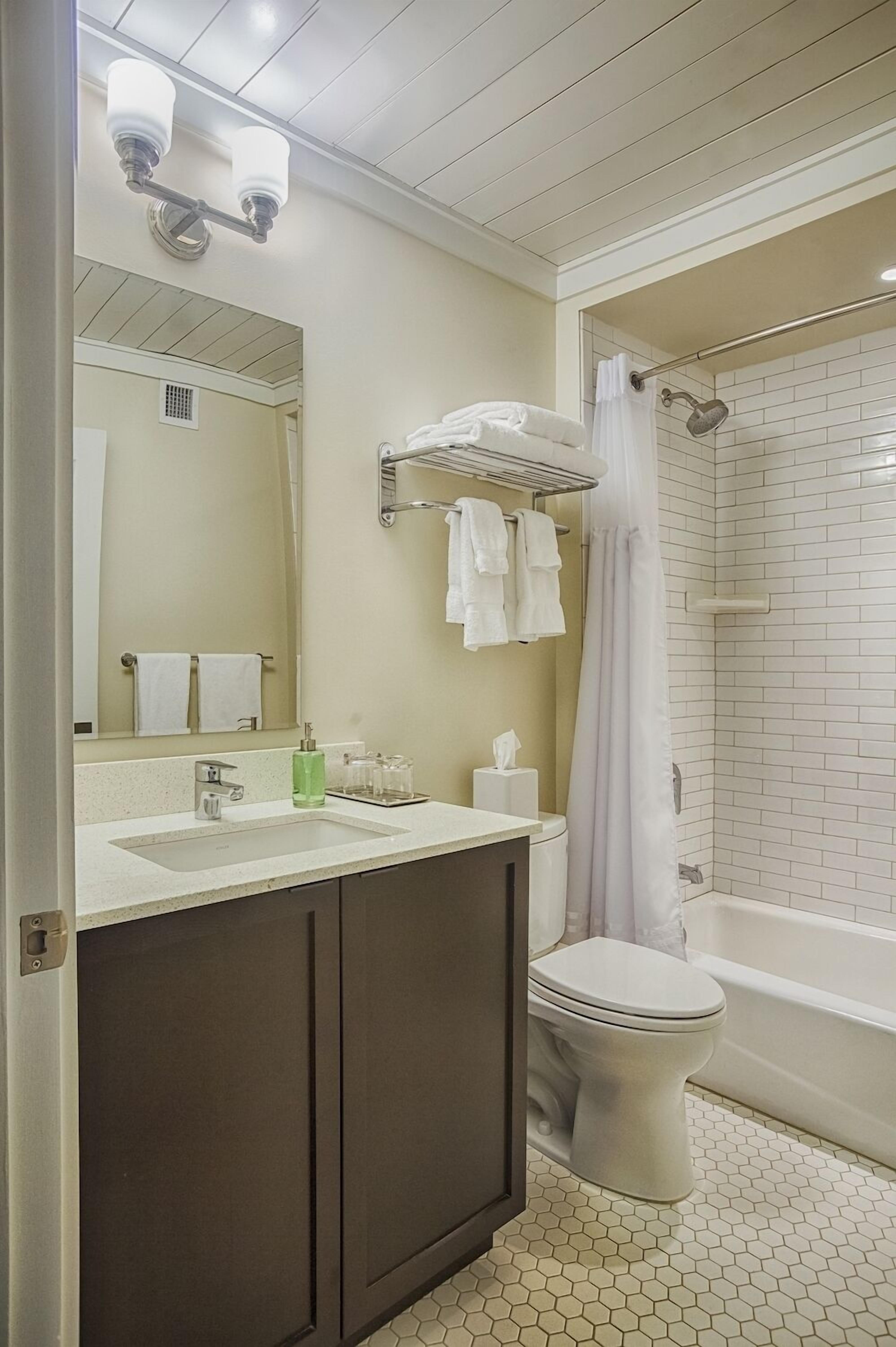 Une salle de bain comprenant un lavabo, un miroir, un porte-serviettes, des toilettes et un espace douche.