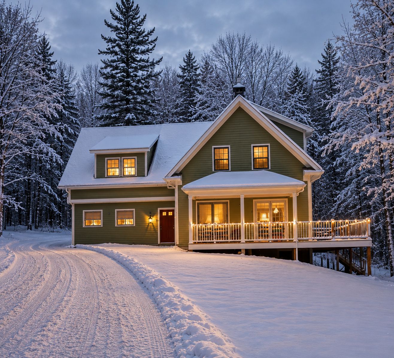 A two-story house with a porch and a snow-covered landscape.