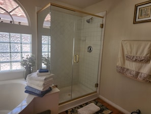 Hair dryer, towels, soap, shampoo