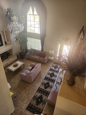 Smart TV, fireplace, books