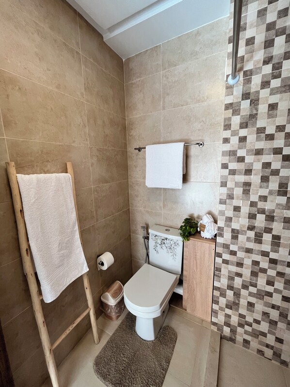 Shower, hair dryer, towels, soap