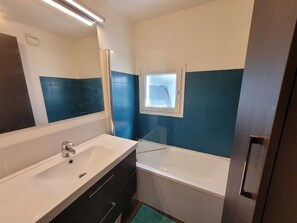 Hair dryer, towels, soap, toilet paper