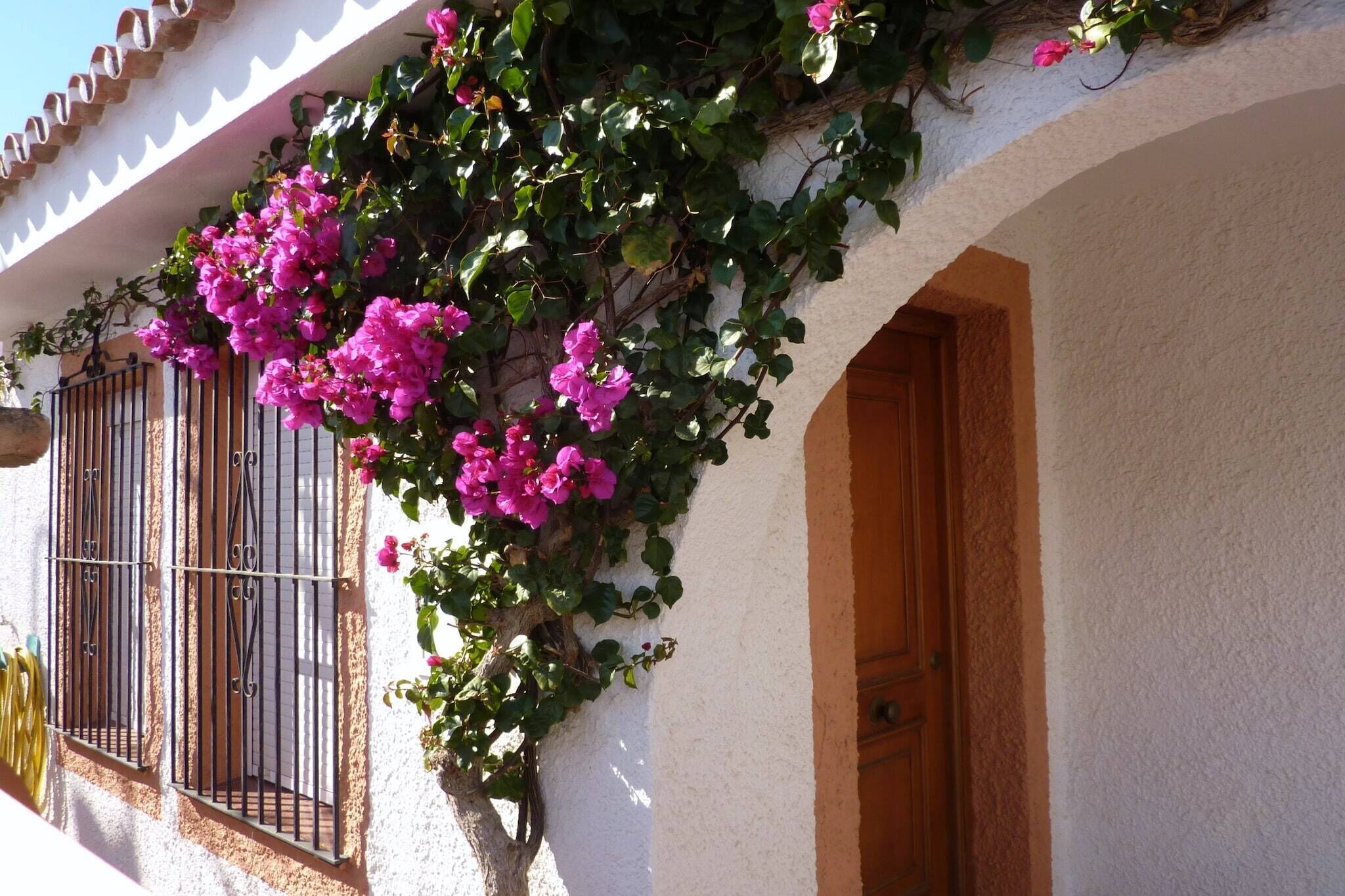 A building with a white stucco exterior, a wooden door, and a window with metal bars.