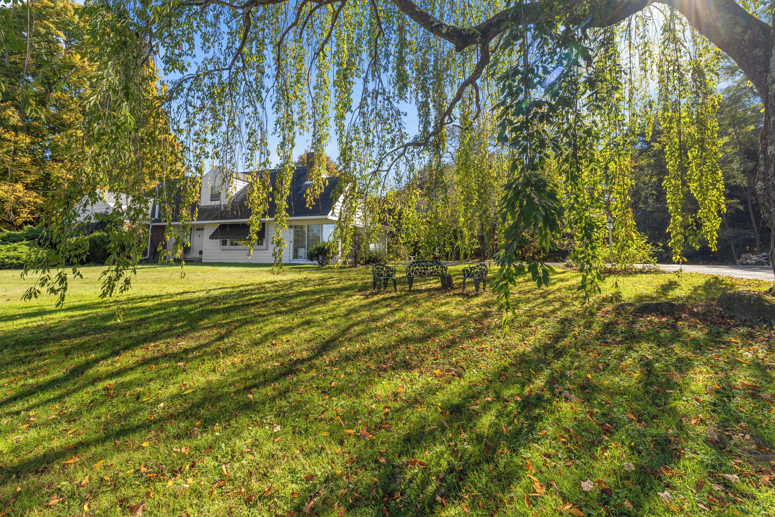 A residential area with a house, a lawn, and a tree with hanging branches.