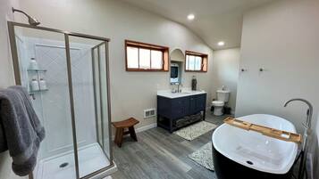 Hair dryer, towels, soap, shampoo
