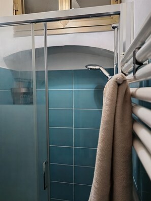 Shower, hair dryer, towels, soap
