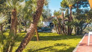 A garden with palm trees and a pathway leading to a building. - Lemon Apartment with Garden and Sea View (Bordighera)