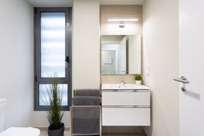 Shower, hair dryer, towels