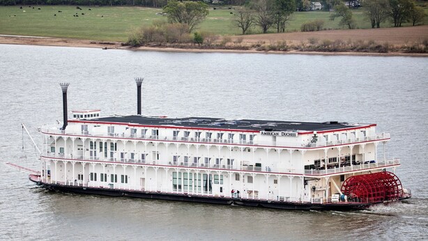 A large white paddle steamer with multiple decks and a prominent red paddle wheel, floating on a calm river. - Deluxe Suite - Bungalow overlooking on the Bluff! (Stone Church Precinct)