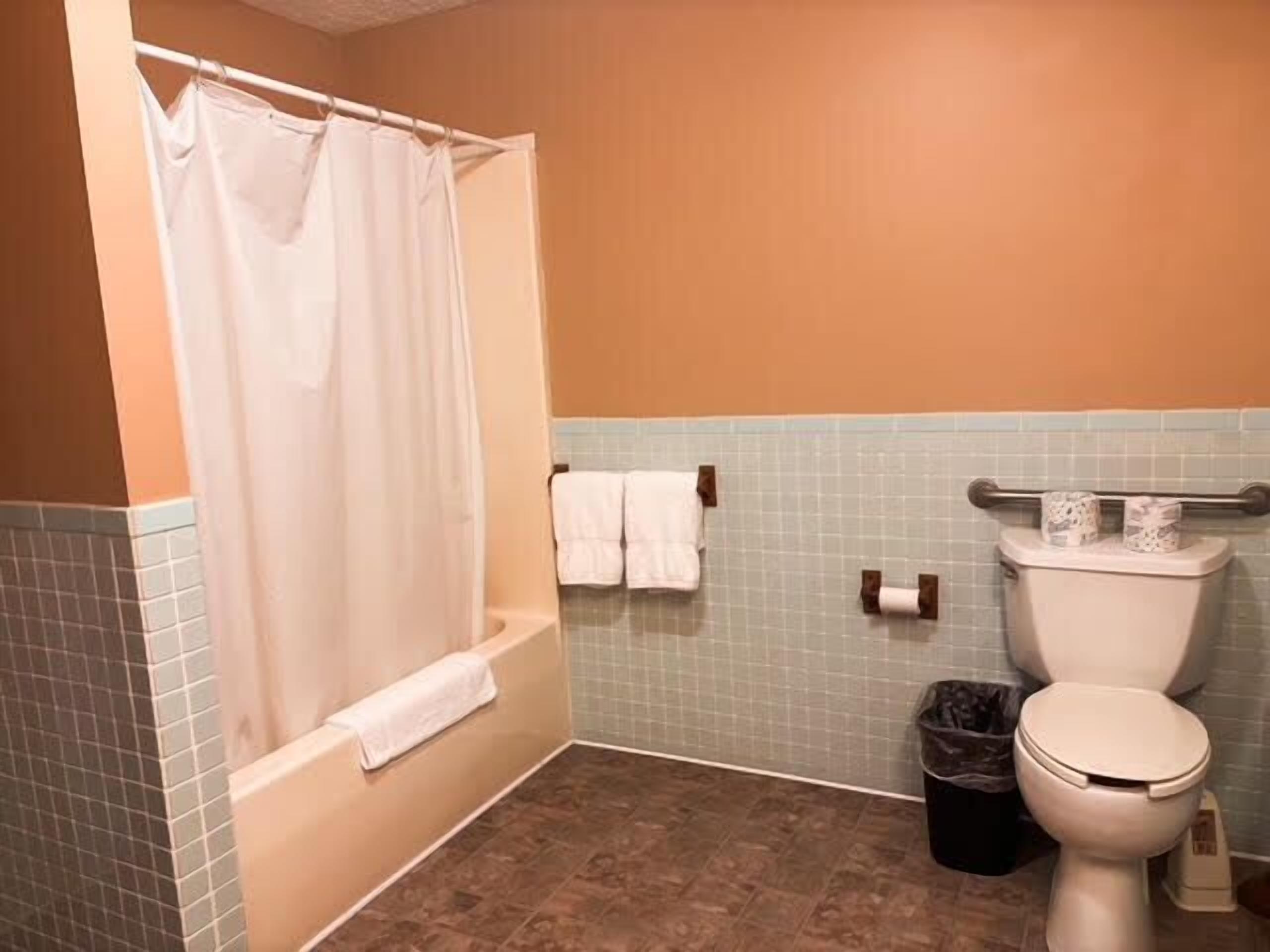 A bathroom with a bathtub, toilet, and a trash bin.