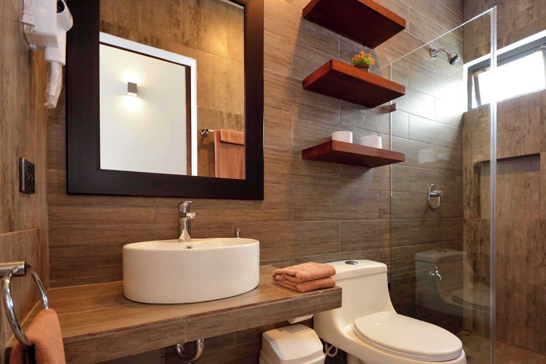 Hair dryer, towels, soap, toilet paper