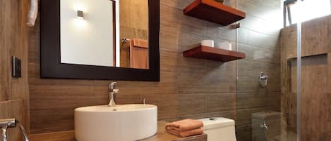 Hair dryer, towels, soap, toilet paper