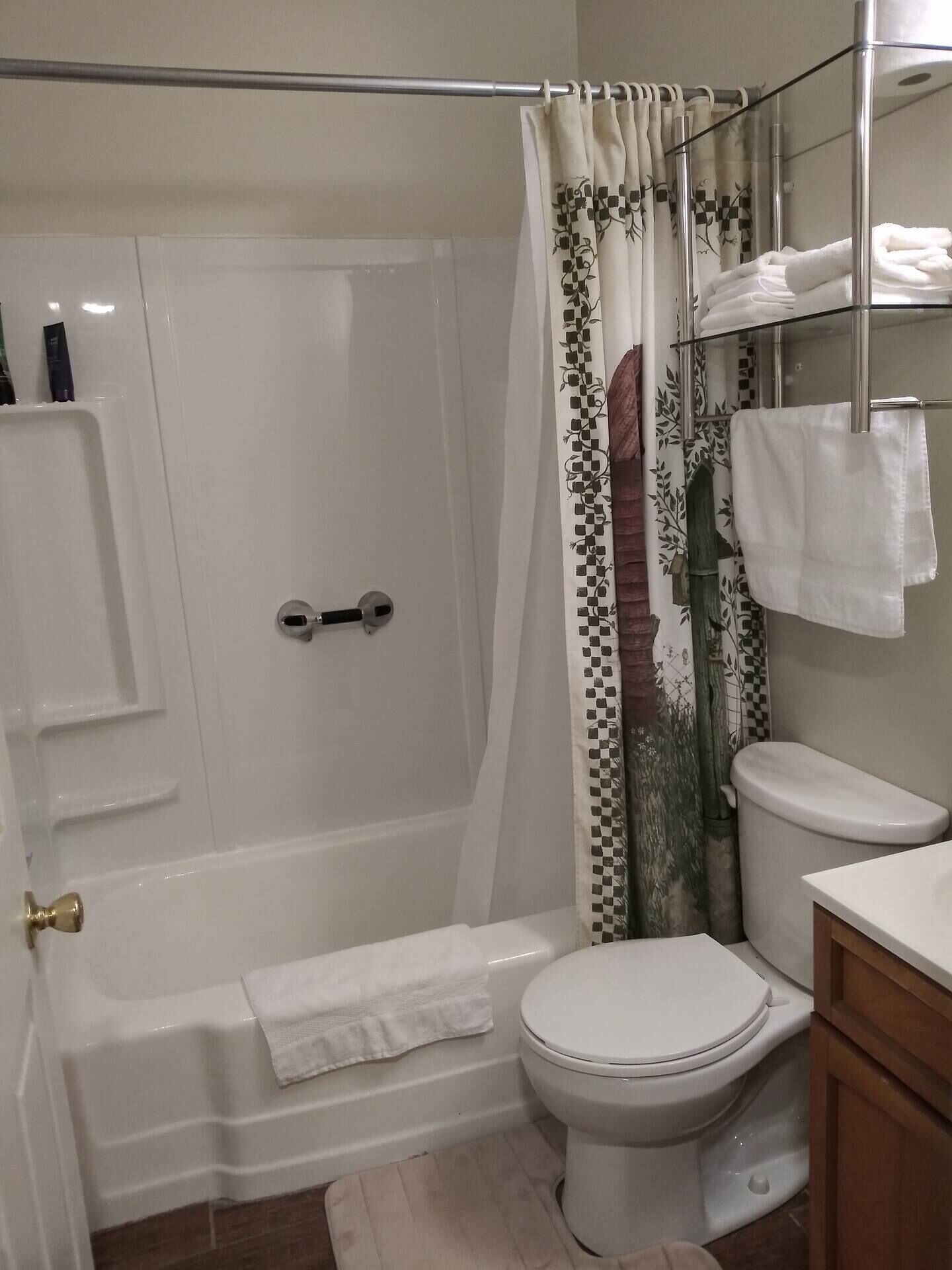 Hair dryer, towels, soap, shampoo