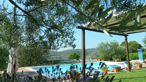 Un espace piscine avec des chaises longues, une pergola et une vue sur des collines en arrière-plan.