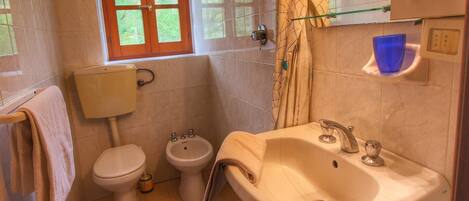 A bathroom with a toilet, bidet, sink, and a window with a view of greenery.