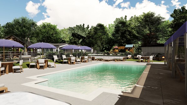 A swimming pool with lounge chairs and umbrellas, surrounded by trees and a wooden deck. - The Wave at Marblehead (Marblehead)