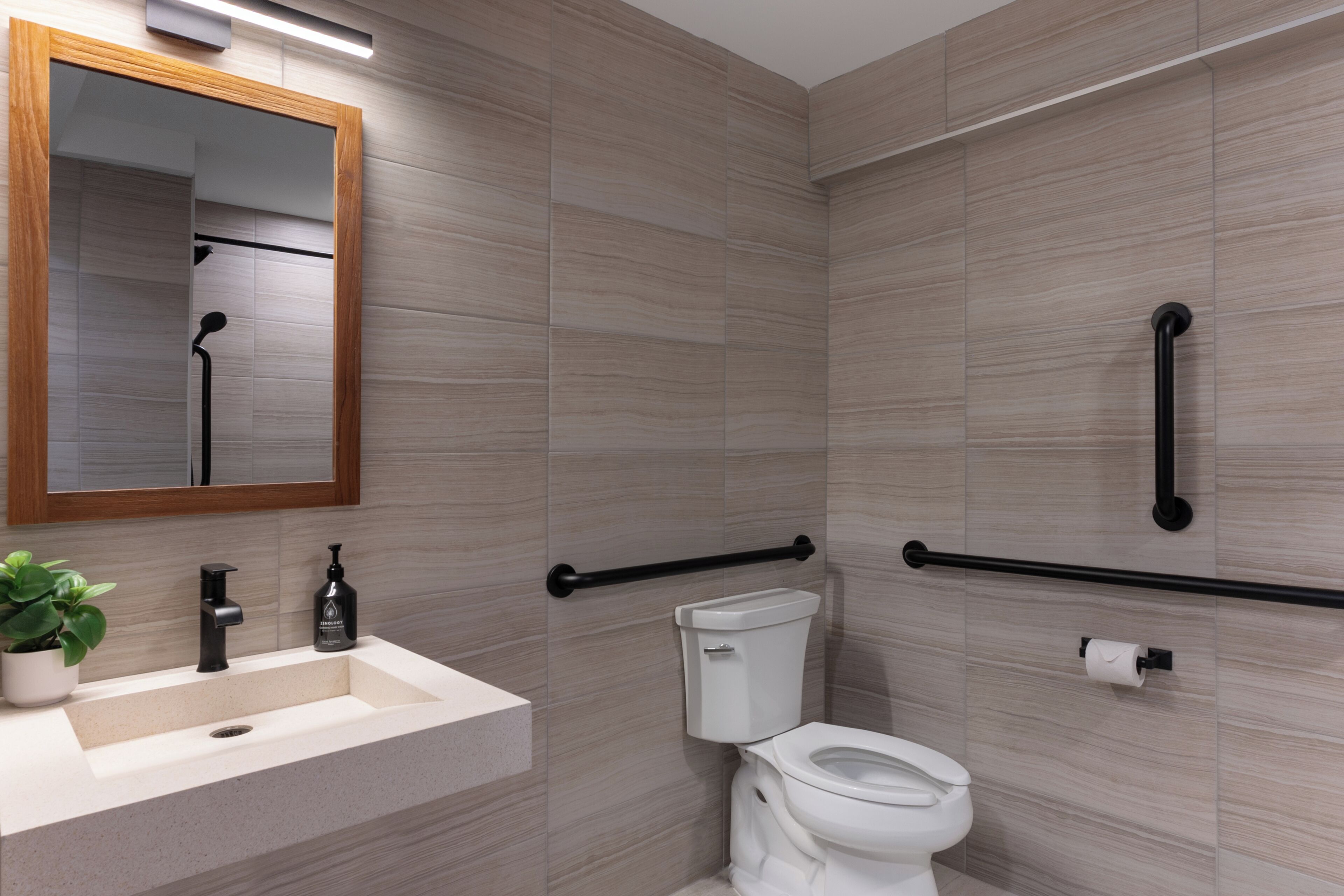 A modern bathroom with a sink, mirror, toilet, and grab bars.