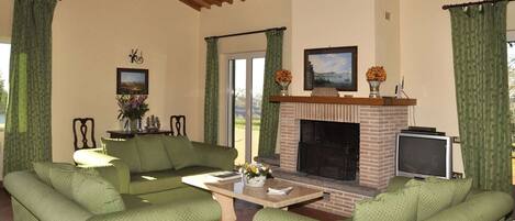 Una chimenea, un reproductor de DVD