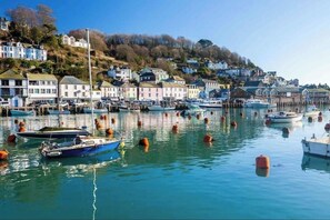 A harbor with boats, a pier, and buildings on a hillside. - Cliff Face in Living Room! Beach 1 Min. Looe (Looe)