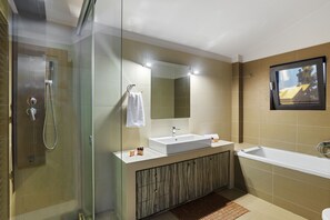 Shower, hair dryer, bidet, towels