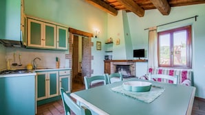 A kitchen with teal cabinets, a dining table with chairs, a fireplace, and a TV.