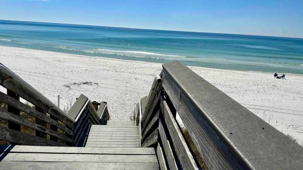 A wooden boardwalk leading to a beach with a clear view of the ocean. - New List 3BR/2BA Golf Cart - 6 seater Walk to Beach Top of the Dune (Santa Rosa Beach)