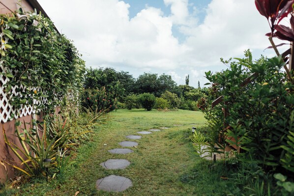 A garden path with stepping stones leading to a grassy area, surrounded by dense foliage and a white fence.